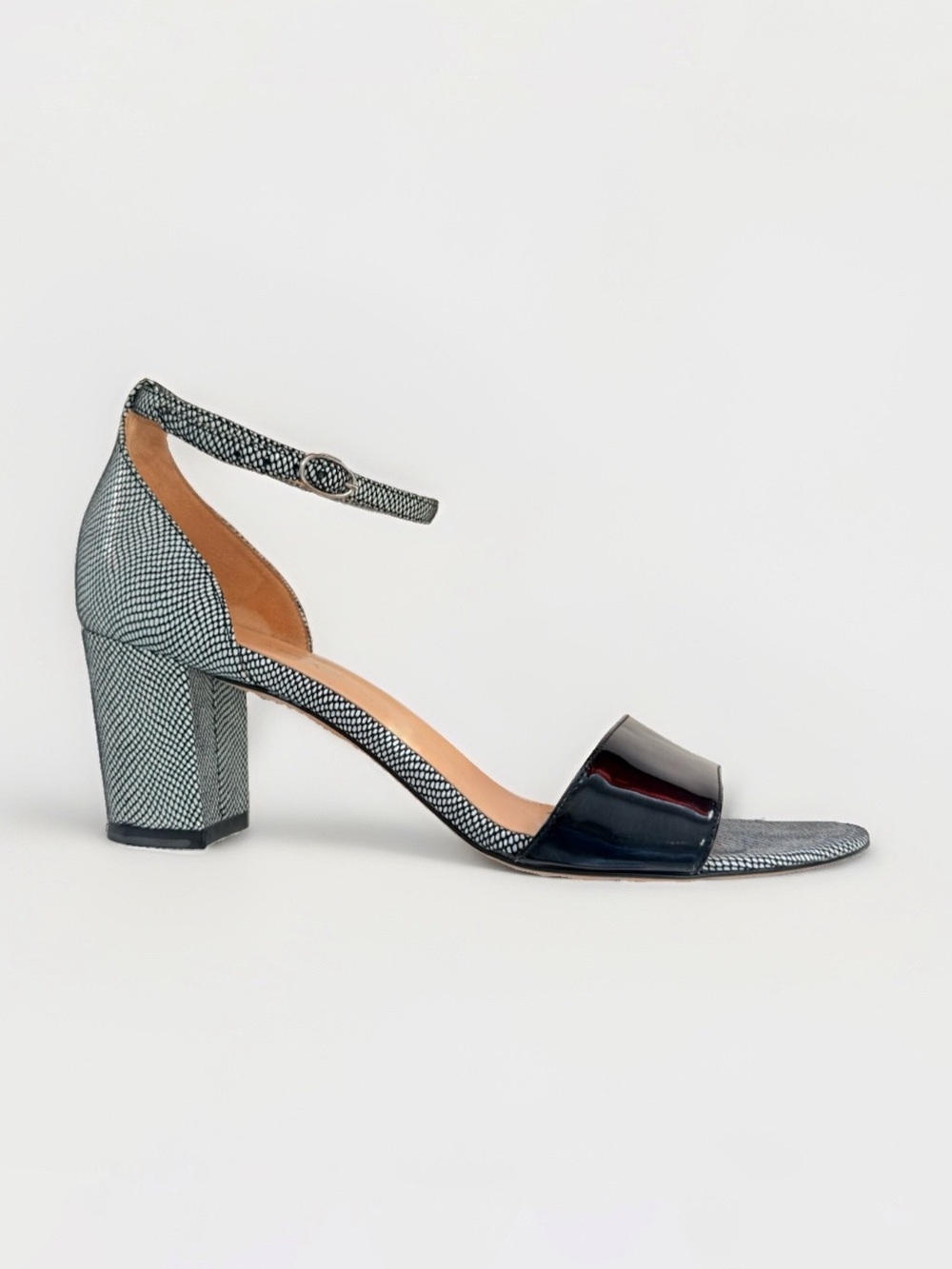 AQUATALIA black white print patent leather open toe chunky heel sandals